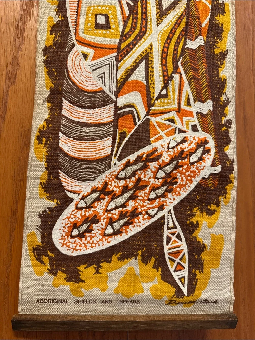 1960’s Donald Clark Linen Wall Hanging Aboriginal Shield and Spears Wall Scroll